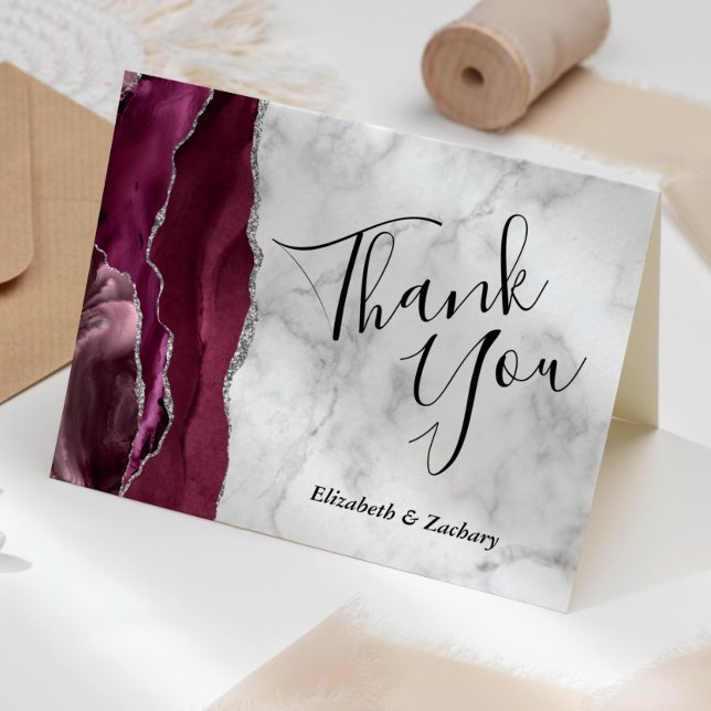 Burgundy Agate Silver Marble Wedding Thank You Card (Creator Uploaded)