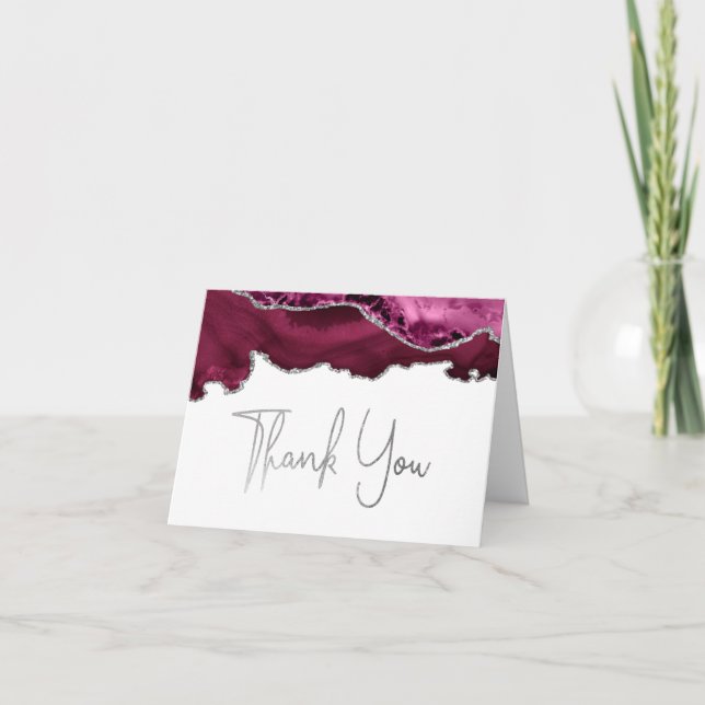 Burgundy Agate Silver Script Thank You Card (Front)