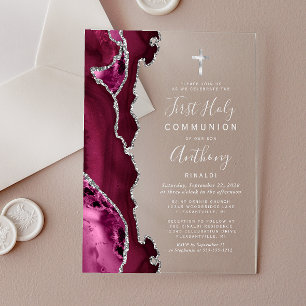 Burgundy Agate Silver Text First Holy Communion Acrylic Invitations