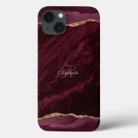Burgundy Agate Watercolor Gold Monogram 