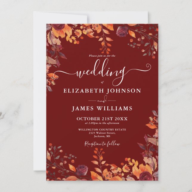 Burgundy All In One Autumn Fall Floral Wedding Invitation (Front)