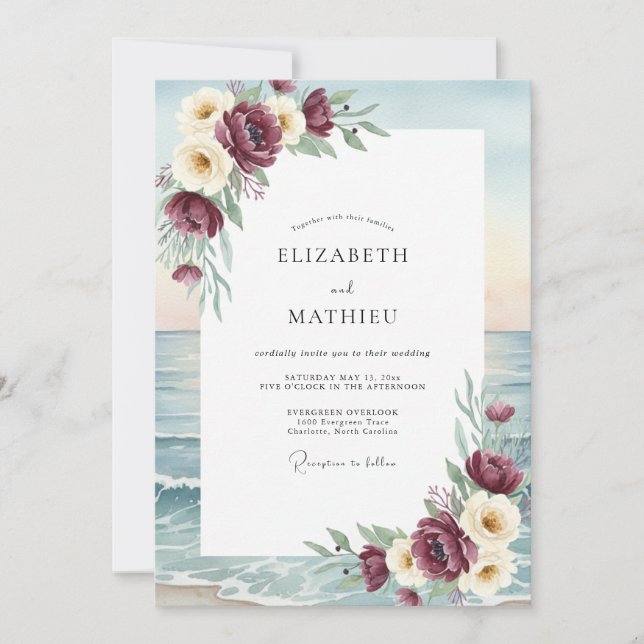 Burgundy Alluring Coastal Wedding Invitation (Front)