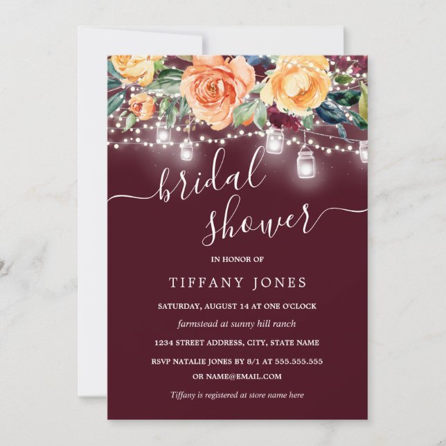 Burgundy Amber Floral Rustic Wood Bridal Shower Invitation (Front)