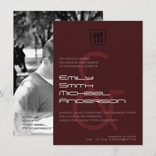 Burgundy AMPERSAND Rehearsal Dinner PHOTO Invites (Front/Back)