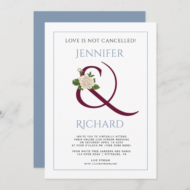 Burgundy ampersand rose dusty blue virtual wedding invitation (Front/Back)