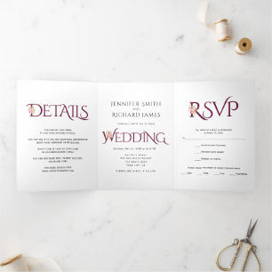 Burgundy ampersand with pink roses wedding Tri-Fold invitation