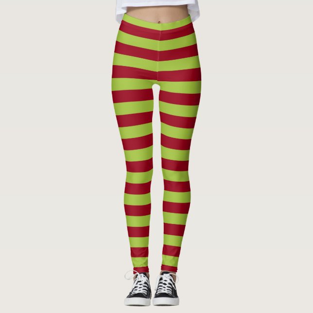 Burgundy and Apple Green Stripes Leggings (Front)