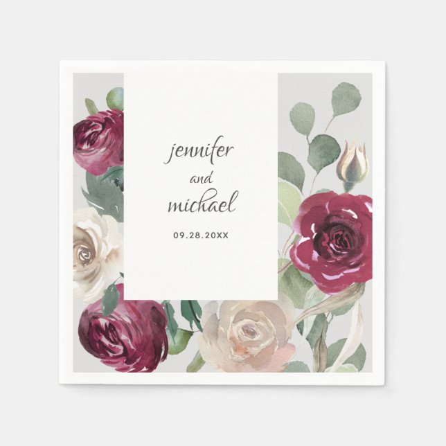 Burgundy and Beige Rustic Floral Wedding Napkin (Front)