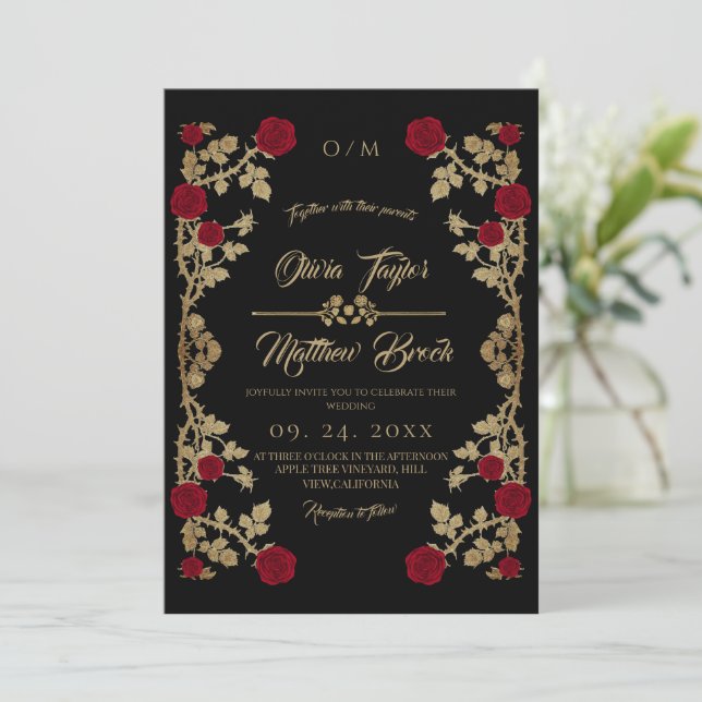  Burgundy and black ⎮ Boho Red Rose Wedding Invitation (Standing Front)
