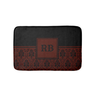 Burgundy and Black Damask Monogram Pattern Bath Mat