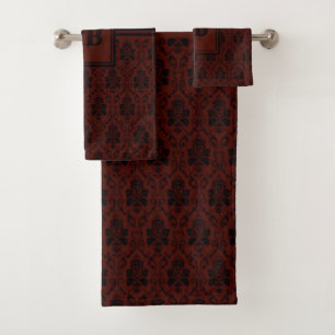 Burgundy and Black Damask Monogram Pattern Bath Towel Set