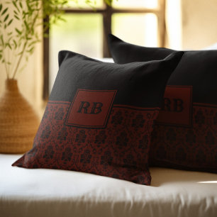Burgundy and Black Damask Monogram Pattern Cushion