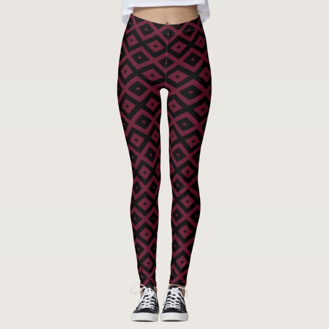 Burgundy and black diamond pattern leggings (Front)