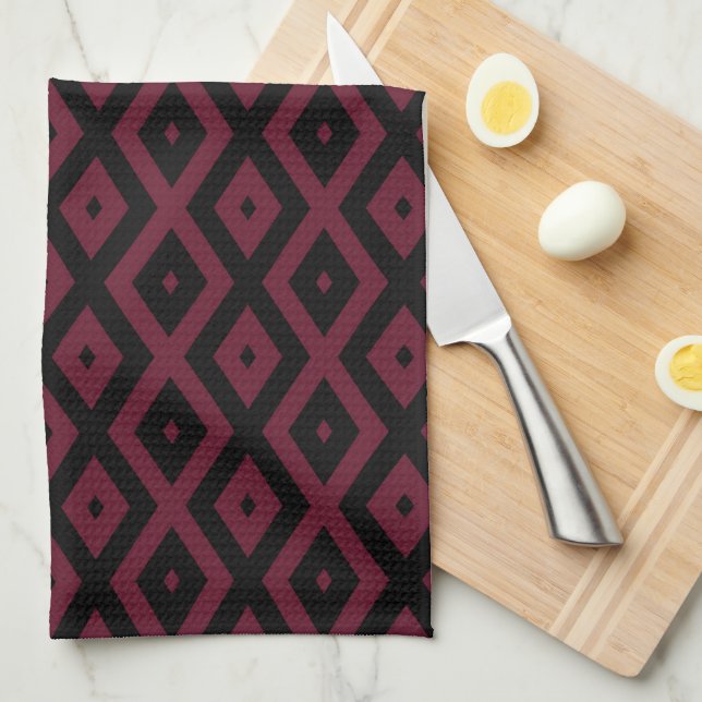 Burgundy and black diamond pattern tea towel (Quarter Fold)