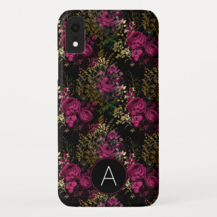 Burgundy and Black Gold Foil Roses Monogram iPhone XR Case