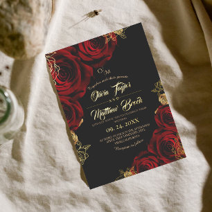Burgundy and black ⎮ Red Rose Floral Wedding Invitation