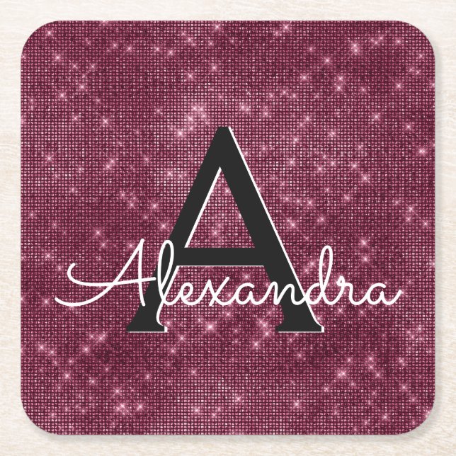 Burgundy and Black Sparkle Monogram Birthday Square Paper Coaster (Front)