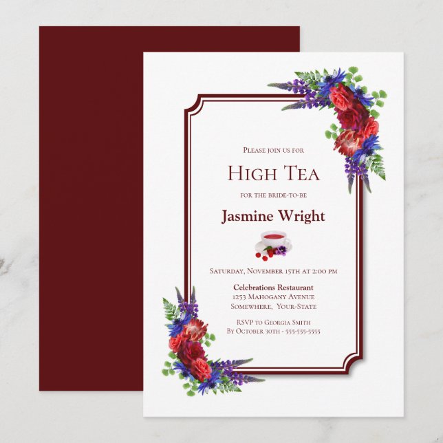 Burgundy and Blue Floral Bridal High Tea Invitation (Front/Back)