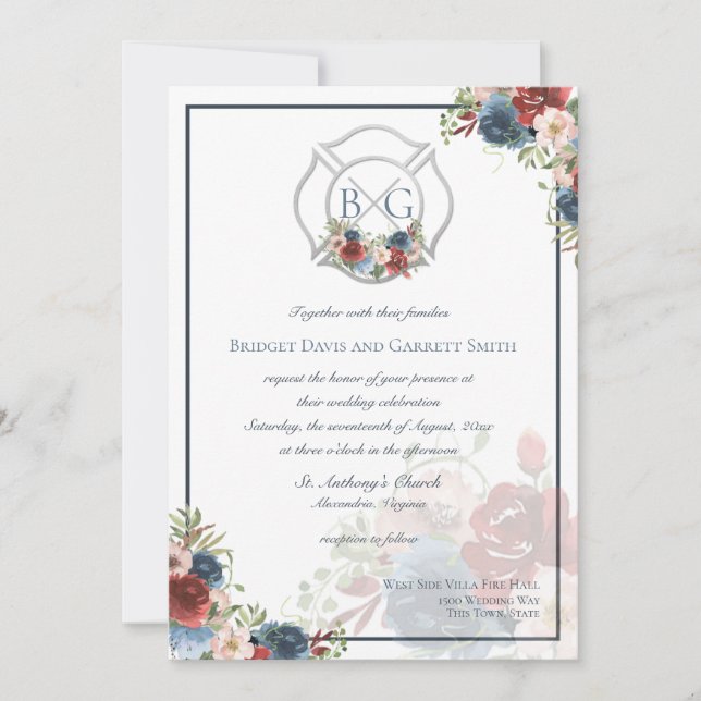 Burgundy and Blue Floral Fire Fighter Monogram Invitation (Front)