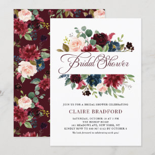 Burgundy and Blue Floral Frame Fall Bridal Shower Invitation