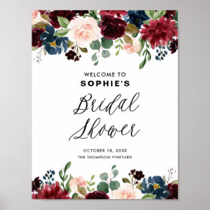 Burgundy and Blue Floral Garland Bridal Shower Poster