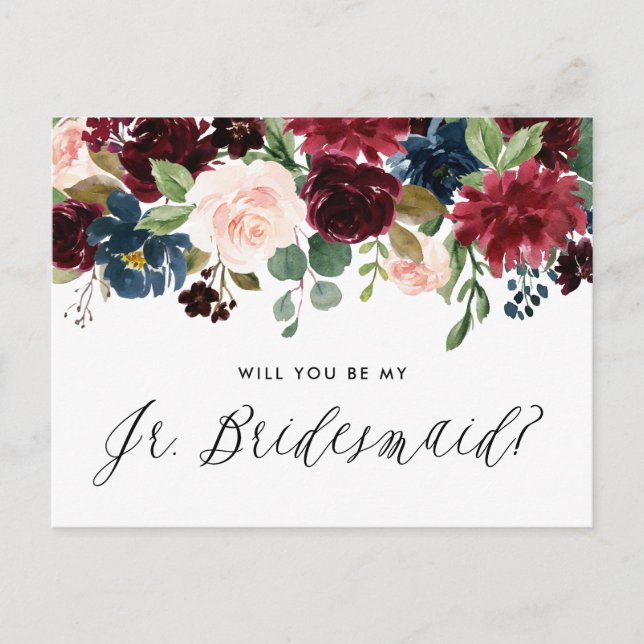 Burgundy and Blue Floral Garland Junior Bridesmaid Invitation Postcard (Front)