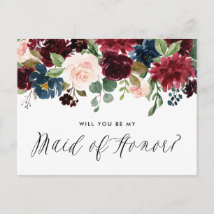 Burgundy and Blue Floral Garland Maid of Honour Invitation Postcard