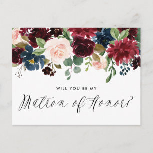 Burgundy and Blue Floral Garland Matron of Honour Invitation Postcard