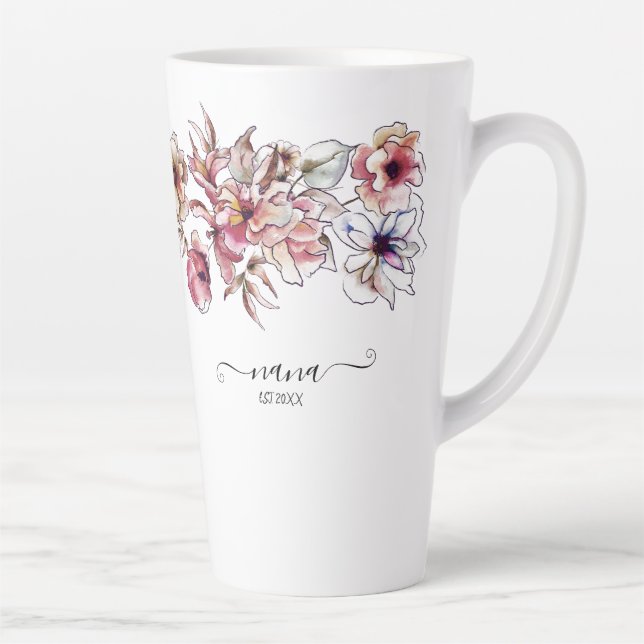 Burgundy and Blue Floral Garland Nana Announcement Latte Mug (Right)