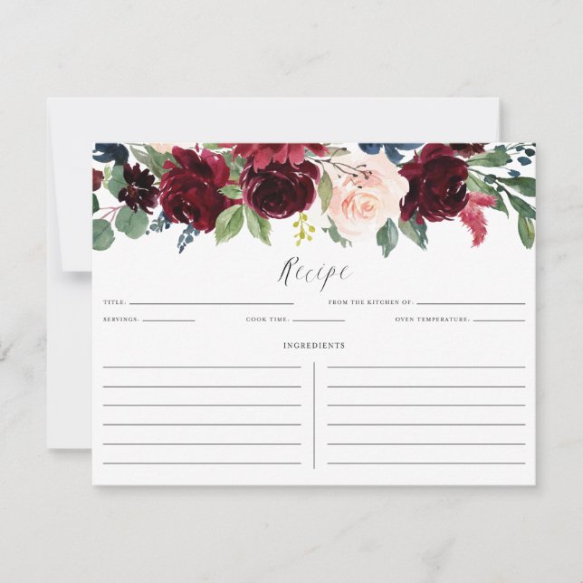 Burgundy and Blue Floral Garland Recipe Card (Front)