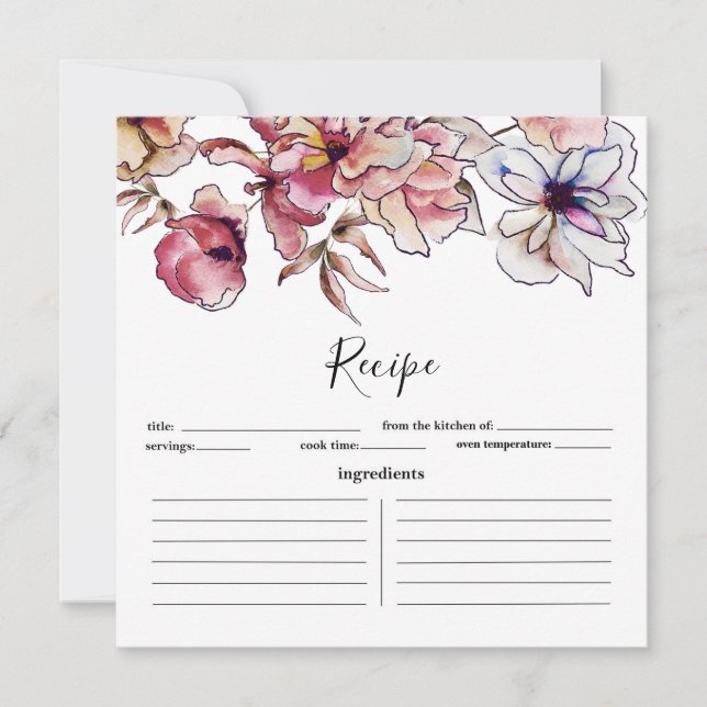 Burgundy and Blue Floral Garland Recipe Card (Front)