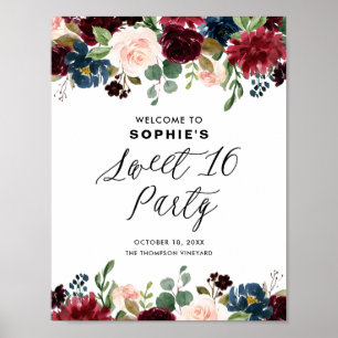 Burgundy and Blue Floral Garland Sweet Sixteen Poster