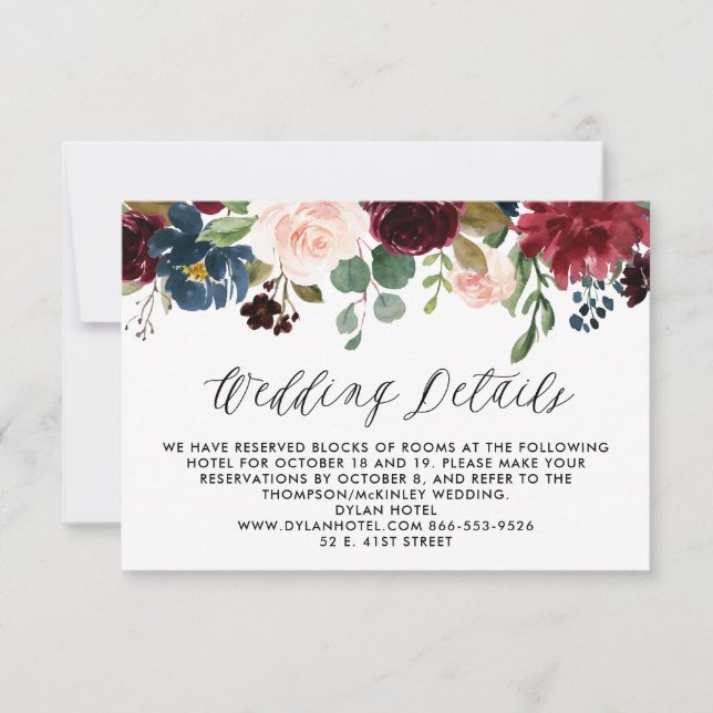 Burgundy and Blue Floral Garland Wedding Details RSVP Card (Front)