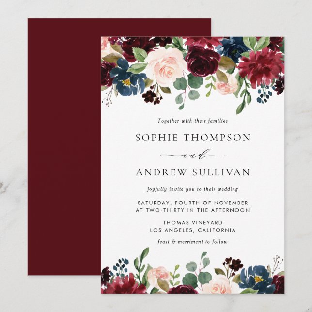 Burgundy and Blue Floral Garland Wedding Invitation (Front/Back)