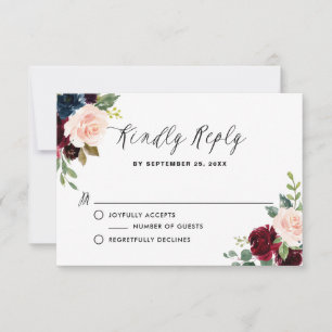 Burgundy and Blue Floral Garland Wedding RSVP Card