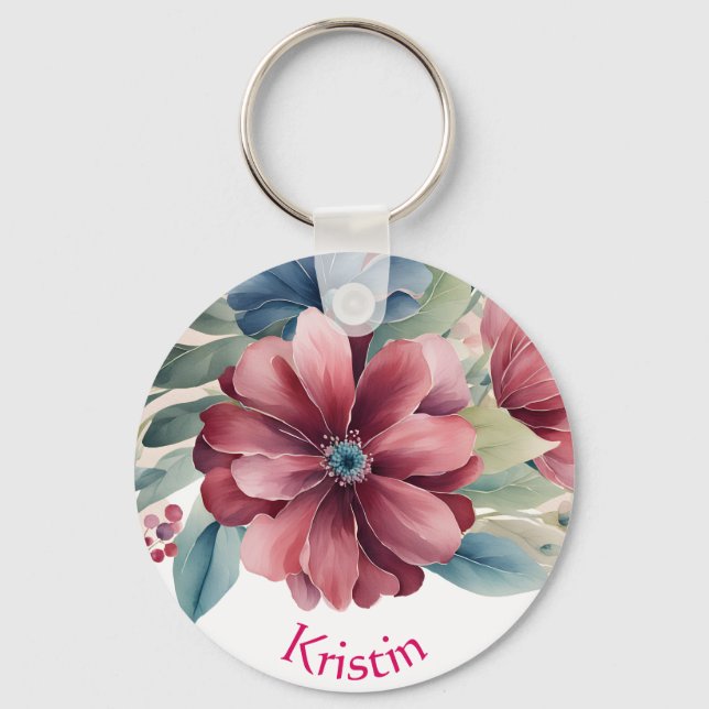 Burgundy and Blue Floral Key Ring (Front)