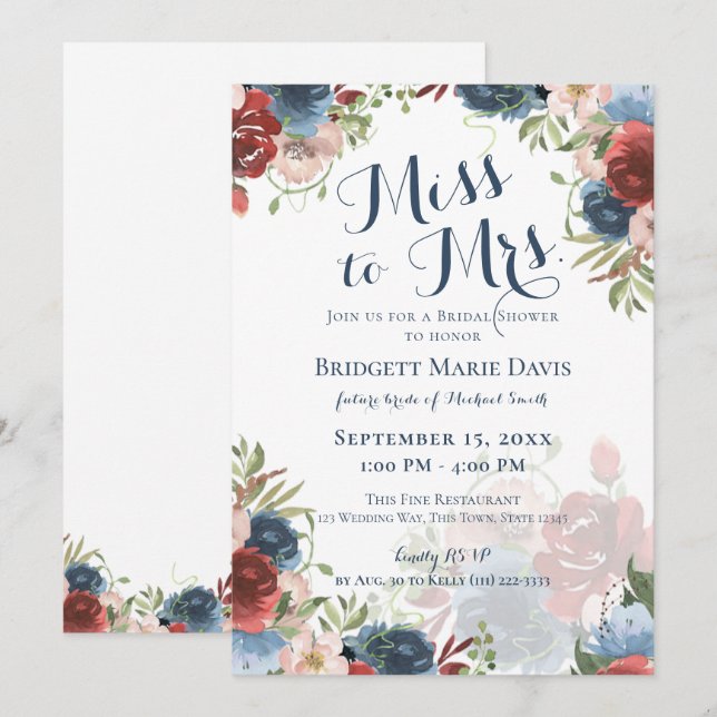 Burgundy and Blue Floral Miss to Mrs Bridal Showe Invitation (Front/Back)