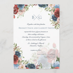 Burgundy and Blue Floral Monogram Invitation