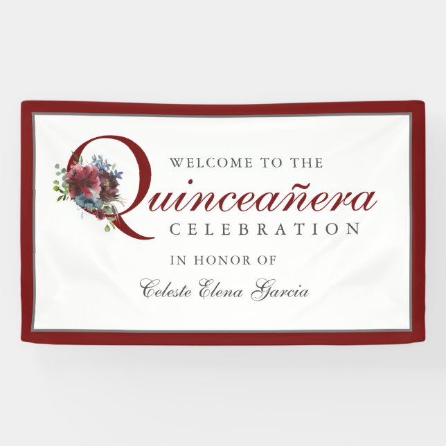 Burgundy and Blue Floral Quinceanera Party Banner (Horizontal)