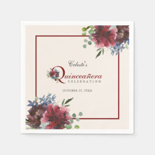 Burgundy and Blue Floral Quinceanera Party Napkin