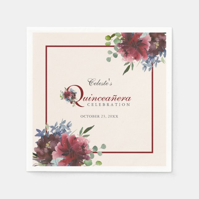 Burgundy and Blue Floral Quinceanera Party Napkin (Front)