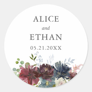 Burgundy and Blue Floral Wedding Classic Round Sticker