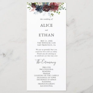 Burgundy and Blue Floral Wedding Program Programme