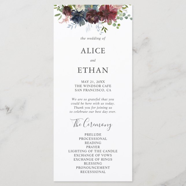 Burgundy and Blue Floral Wedding Program Programme (Front)