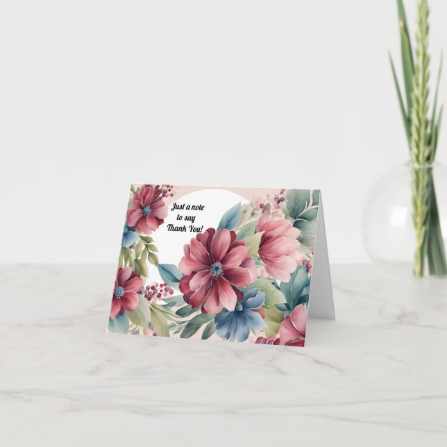 Burgundy and Blue Floral with Half Circle Frame Thank You Card (Front)