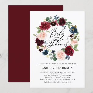 Burgundy and Blue Floral Wreath Baby Shower Invitation