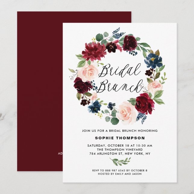 Burgundy and Blue Floral Wreath Bridal Brunch Invitation (Front/Back)