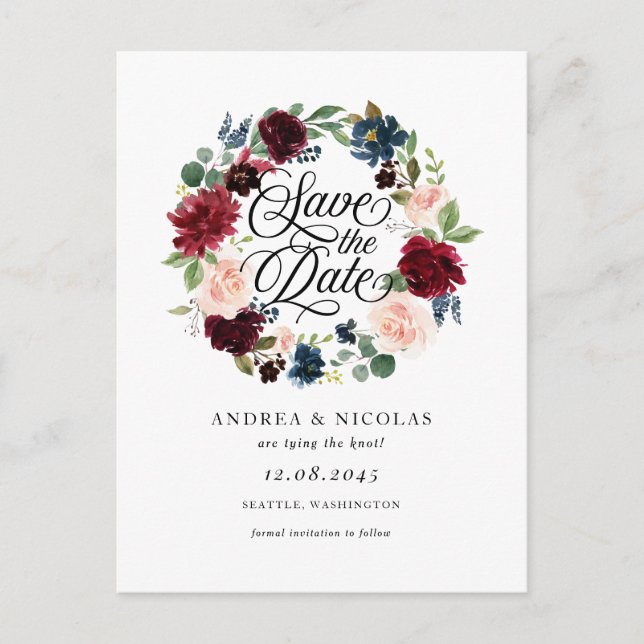 Burgundy and Blue Floral Wreath Save the Date Announcement Postcard (Front)