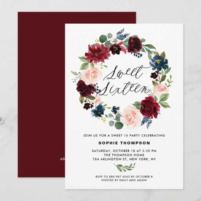Burgundy and Blue Floral Wreath Sweet Sixteen Invitation (Front/Back)