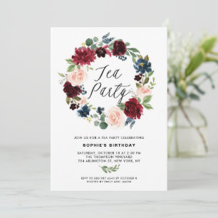 Burgundy and Blue Floral Wreath Tea Party Invitation